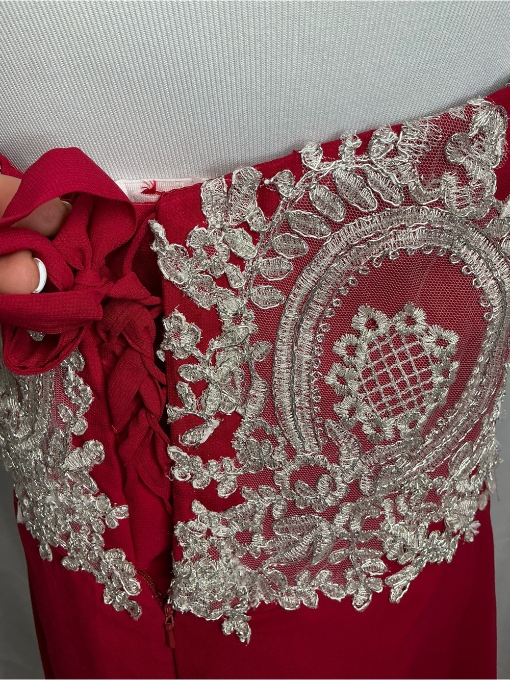 2159 - Elegant Red Evening Gown with Silver Lace Bodice - Picture 8 of 13